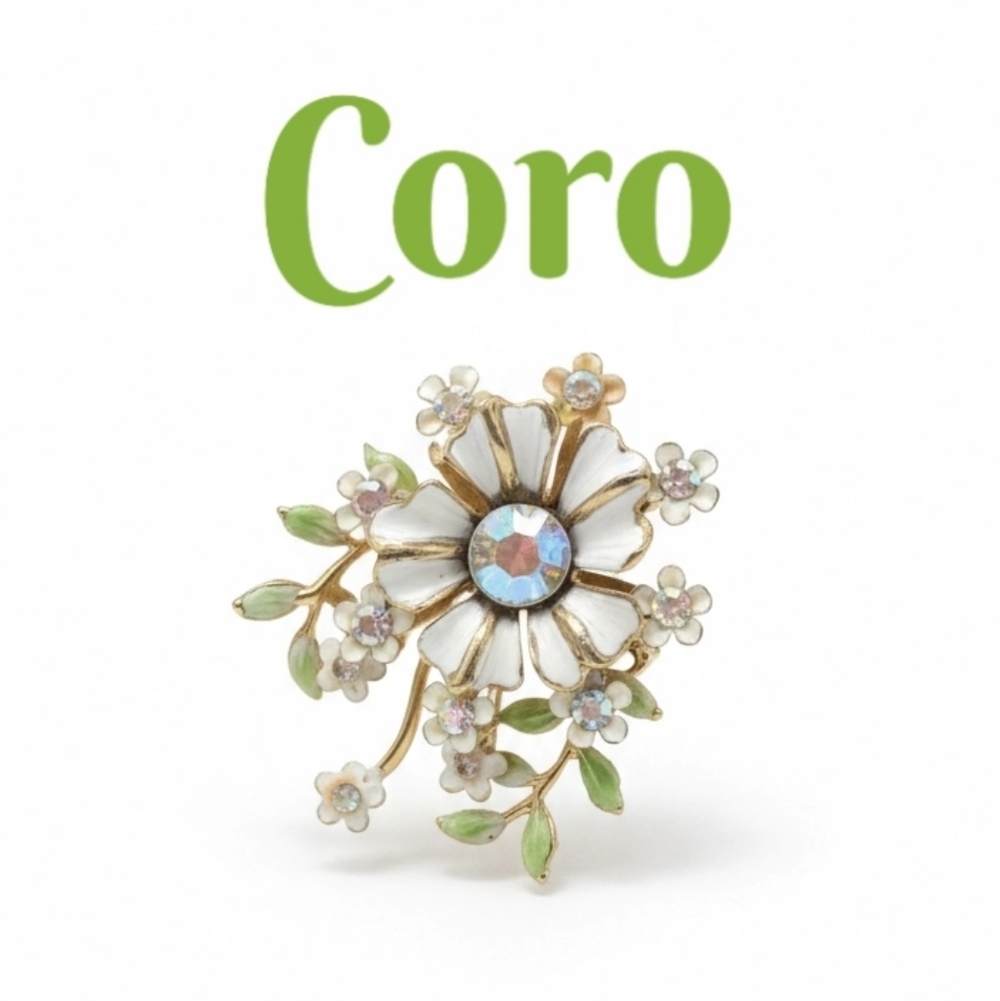 Vintage Coro White Enamal & Rhinestone Flower Bouquet Brooch Pin
